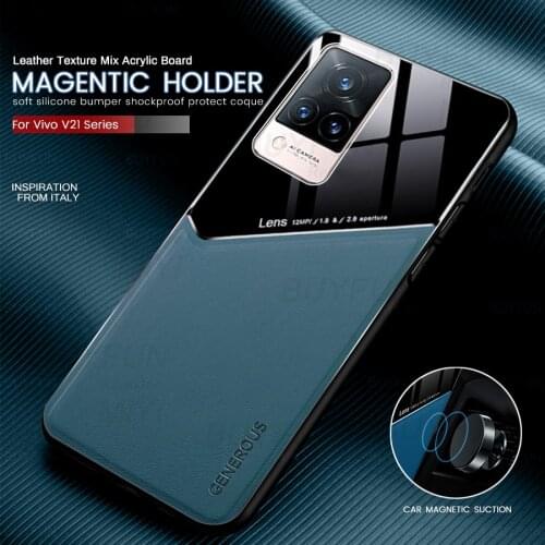 Leather texture car magnetic suction holder back covers for vivo v21 v21e v 21 e 21e 2021 4g 5g tpu soft frame shockproof coque