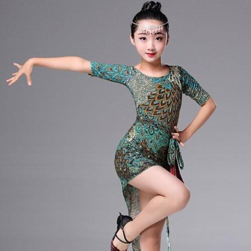 Latin Dance Dress Peacock Print Children Girl Dancing Costume Latin Practice Clothes Latin Competition Performance Dresses