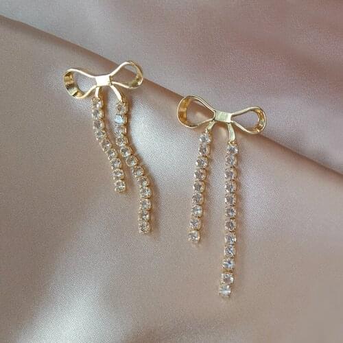 Bowknot Long Earrings Crystal Earrings Women Earrings Metallic Silver Jacket for Women