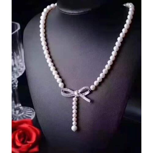 Elegant 8-9mm white freshwater pearl necklace micro inlay zircon bow clasp 50cm fashion jewelry