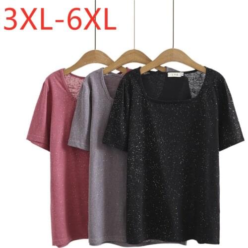 New 2021 Ladies Summer Plus Size Tops For Women Large Short Sleeve Loose Cotton Elastic Black Sequins T-Shirt 3XL 4XL 5XL 6XL