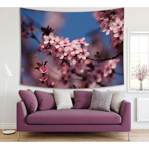 Tapestry Fruits Blossom Tree Flowers Springtime Garden Country Life Nature Scenic View Photo Blue Pink Brown