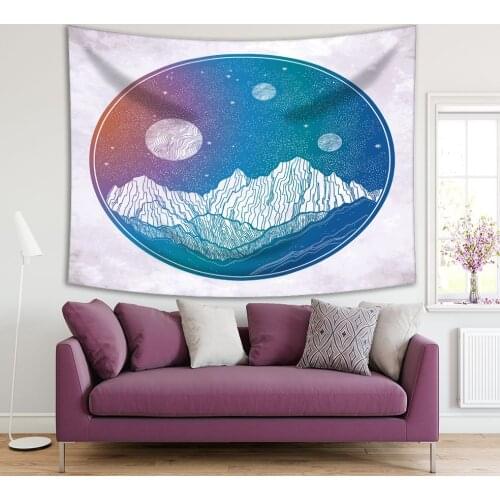 Tapestry Mountains and Night Sky with Stars Moon Planets in Circle Shape Surrealistic Artwork Purple Blue White