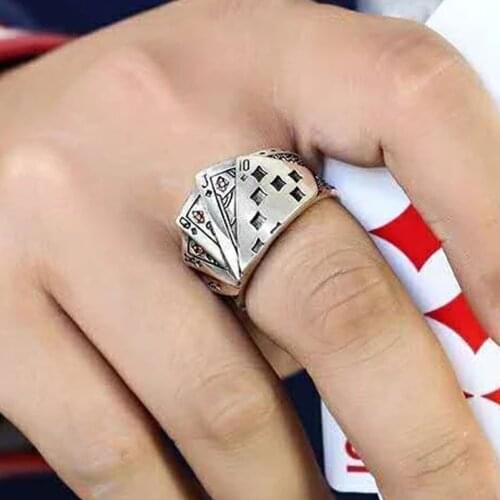 HuaTang Vintage Playing Card Rings for Men Silver Color Alloy Metal Joint Ring Hiphop Rock Street Fashion Jewelry Party Gift