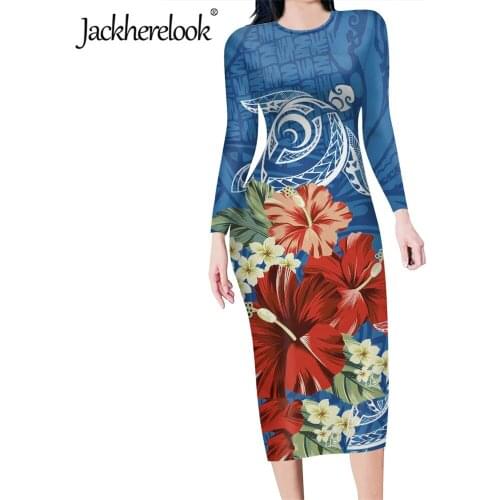 Jackherelook Polynesian Samoan Hawaii Hibiscus Brand Design Elegant Tuni Bodycon Dress for Womens Long Sleeve Slim Pencil Dress