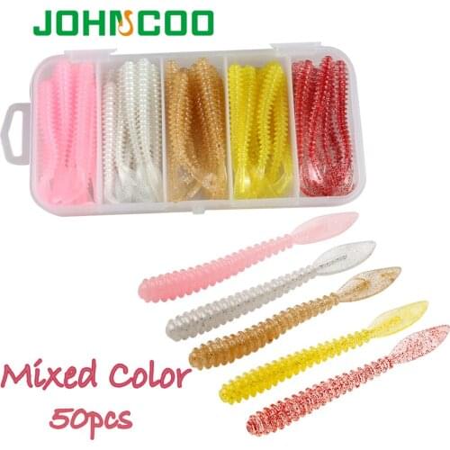 JOHNCOO 50pcs/box Fishing Soft Artificial Worm Lures Mixed Color Silicone Bait Swimbait Maggots Jigging Wobblers Ocean Rock Lure
