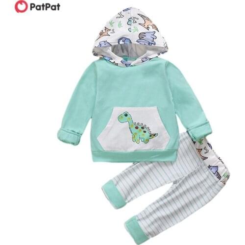 PatPat 2020 New Spring and Autumn Baby Printed Long Sleeve Hoodie Striped Pants Two Piece Set