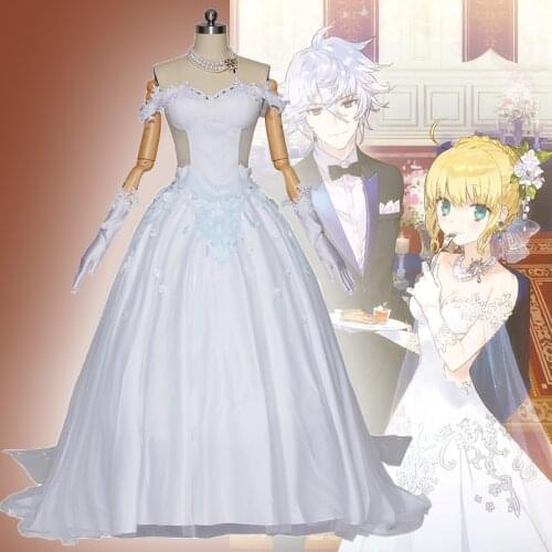 Game Fate stay night Cosplay Costumes Altria Pendragon Saber Cosplay Costume Uniforms Clothes White Wedding Dresses Suits Hot