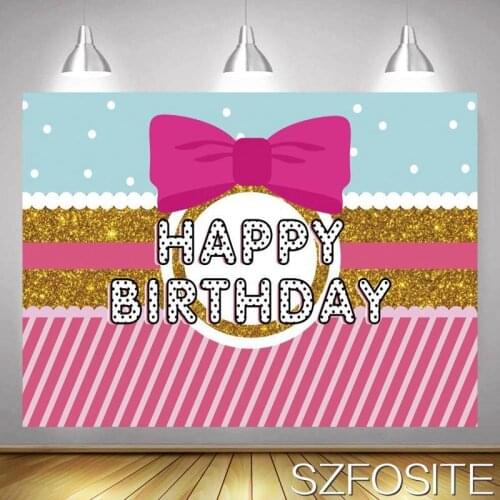 Cute Pink Bow Happy Birthday Stripe Backdrop Girl Party Room Table Decoration Photography Kid Photo Baby Custom Vinyl Background