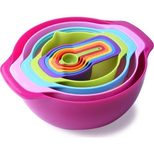 10 Pcs Rainbow Bowl Set Fruit Vegetable Salad Drain Basket Rice Sieve Baking Scale Measuring Spoon Tool Kitchen Cake Accessories
