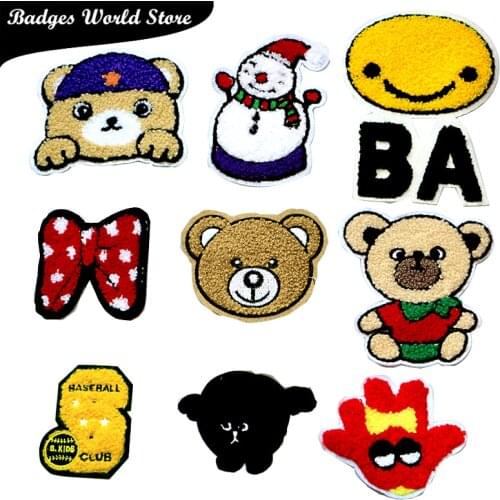 Cartoons Bear Cat Snowman Dog Chenille Icon Towel Embroidery Applique Patches For Clothes DIY Iron on Badges on the Backpack