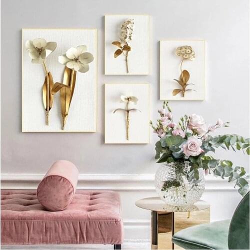 Nordic Abstract Golden Plant Leaf Flowers Wall Art Poster Prints Minimalist Canvas Painting Wall Pictures for Living Room Decor