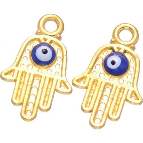 Newest Beautiful Religious Gold Enamel Blue lucky Eye Hand Hamsa Charms 20*13mm 100PCS CHF098