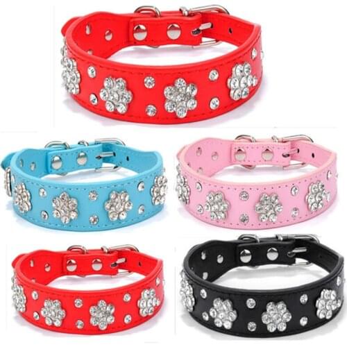 Solid Color Pu Leather Crystal Flower Charm Studded Pet Dog Collars Collar 5pc/lot