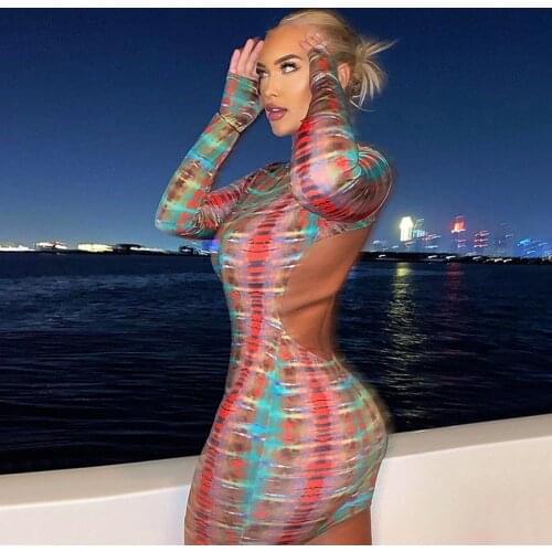 Echoine Summer Sexy Snake Printed Backless Mini Dress Long Sleeve Skinny Bodycon Spring Party Club Dresses Vintage Vestidos