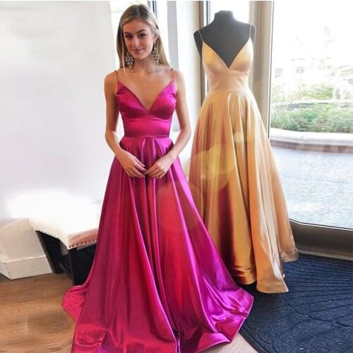 Spaghetti Straps Fuchsia Gold Prom Dresses V-neck Simple Formal Evening Party Dresses Sweep Train Long Special Occasion Dresses