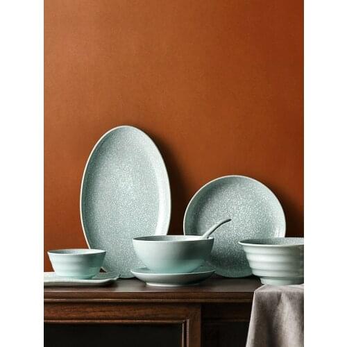 Ins Popular Ceramic Plates And Bowls Set Creative Glaze Dinner Plate Noodles Bowl Japan Style 12 Inch Retro Pigmented Cutlery