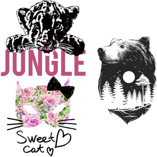 Animal Patch Thermo Sticker On Clothes Cat Bear Leopard Fashion Cool Heat Transfer Iron On Transfer For Clothes Stripe Applique