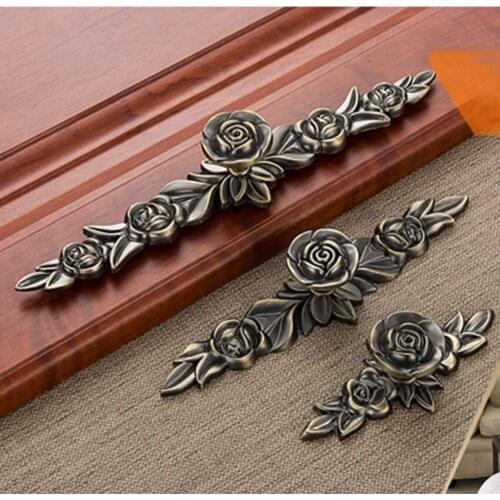 Vintage Cabinet Pulls Pastoral Rose Pattern Handle Wardrobe Dresser Drawer Knobs Decorative Handles Single Hole, S, M, L Size