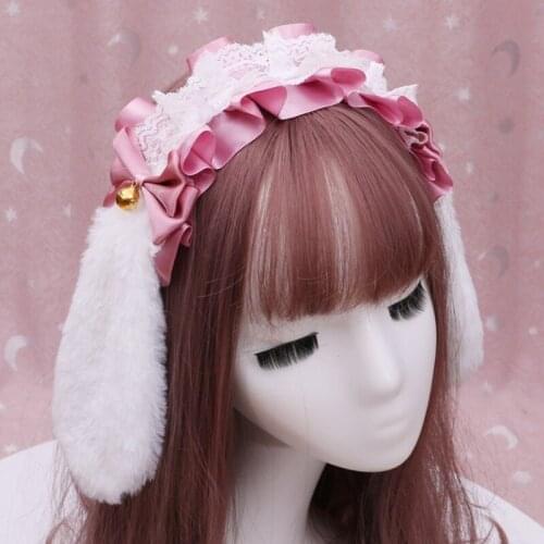 Japanese Lolita Ruffled Lace Headband Lop Bunny Rabbit Ears Bell Bowknot Hair Hoop Kawaii Gothic Cosplay Party Costume