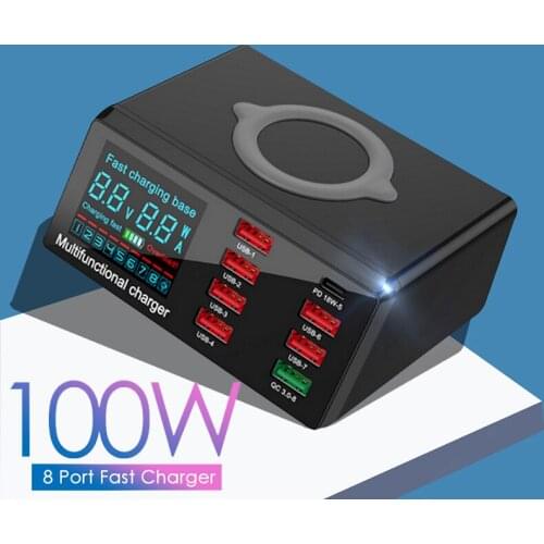 100W 8 Ports USB Charger PD Quick Charge 3.0 Adapter Digital Display Qi Wireless Fast Charging Hub For iPhone 12 Xiaomi 11 Redmi