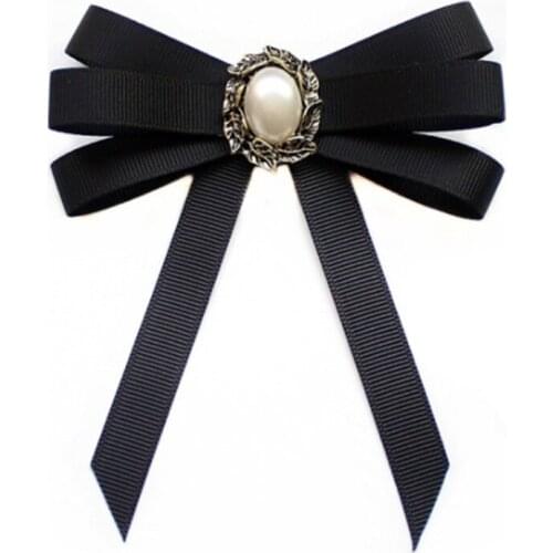 Pearl Ribbon Brooch Pin Bow Tie Vintage Pre-Tied Collar Jewelry Bowknot Necktie