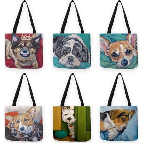 Cute Oil Painting Dog Printed Women Handbag Tote School Student Shoulder Bag Large Capacity Shopping Bags For Groceries B13017