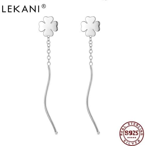 LEKANI Genuine 925 Sterling Silver Geometric Wave Tassel Drop Earrings For Women Lucky Flower Earring Trendy Statement Jewelry