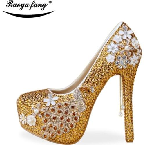 New arrival Golden crystal womens wedding shoes Bride High heels party dress Pumps High shoes Fashion Platform shoes