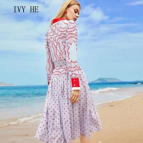 IVY HE High Quality Autumn Dress Woman Clothing DOT Print Crimping Lace Midi Long Dress Traf Robe ZA Vintage Party Dresses