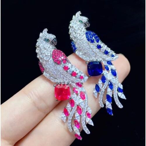 925 sterling silver with cubic zircon parrot brooch pins bird brooch red blue color fine women jewelry high quality 14*52MM