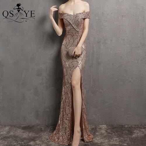 Sequin Gold Evening Dresses Off the Shoulder Mermaid Prom Gown Glitter Sexy Split Party Bridesmaid Dress Fitted Sheath Celebrity
