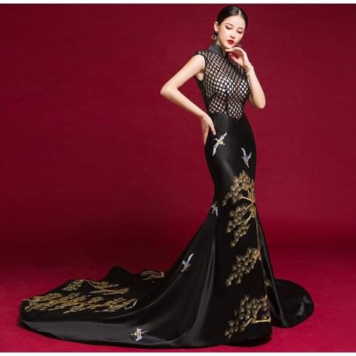 Black Mermaid Chinese Evening Dress Elegant Embroidery Traditional Wedding Qipao Oriental Collars Women Party Dresses Cheongsam