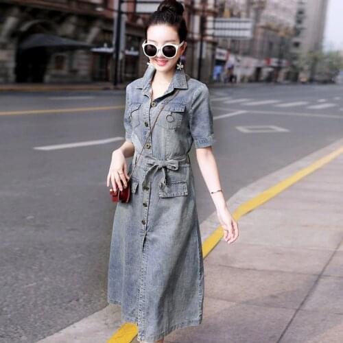 High Waist Lace Up Denim Dress Women Casual Knee Length A-Line Split Splice Lace Jean Shirt Dress Office Ladies Summer Dresses