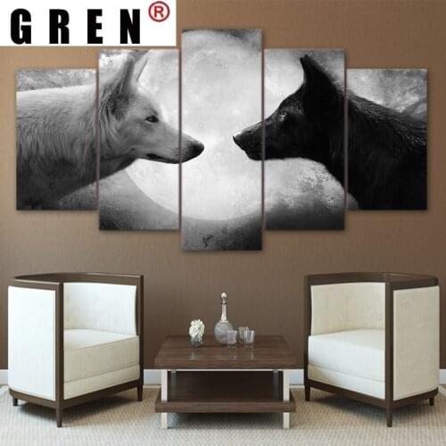 GREN wolf decor HD print 5 Piece Canvas art Black And White Wolves Painting Wall Art Pictures For Living Room home decor