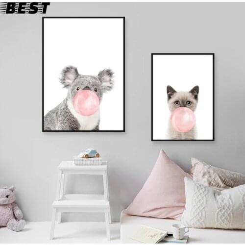 Kawaii Elephant Zebra Giraffe Pink Balloon Canvas Poster Nursery Wall Art Animal Prints Painting Wall Picture Baby Room Decor