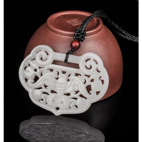 Chinas Natural White Hetian Jade Hand-carved Ruyi Bat And Coin Pendant