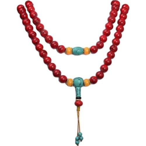 China Collectibles Handwork Old Red Coral & Beeswax Toyed Prayer Bead Necklace