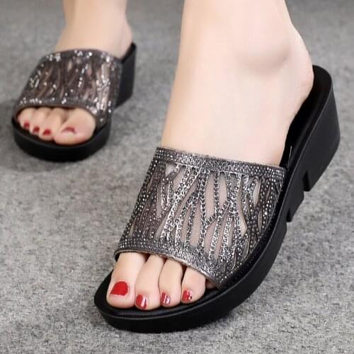 Summer Sandals Plus Size 41 Middle-aged Mothers Shoes Fashion Womens Slippers Rhinestone Womens Shoes