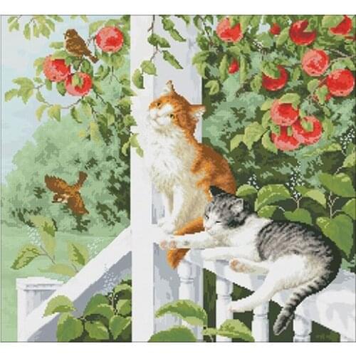 Cat under fruit tree in summer counted 11CT 14CT 18CT Cross Stitch Set DIY Cross-stitch Kit Embroidery Needlework Home Decor
