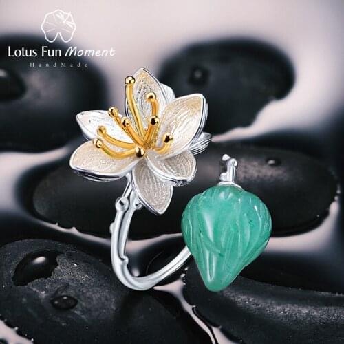 Lotus Fun Moment Real 925 Sterling Silver Natural Stone Fashion Jewelry Vintage Flower Ring for Women bulk wholesale mix lots
