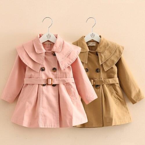 Fashion Vintage Tench Coats Girl Clothes Windproof Jackets British Double Breasted Windbreaker Turn-down Collar Button Belt Kid