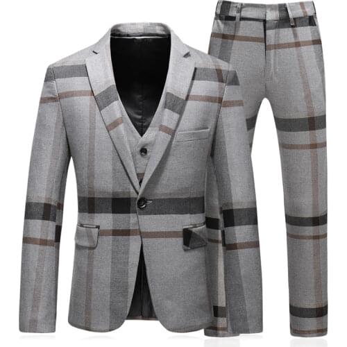 Men Plaid 3 Piece Suit Set Blazer Vest Pants British Style Slim Double Breasted Wedding Dress Jacket Coat Trousers Waistcoat