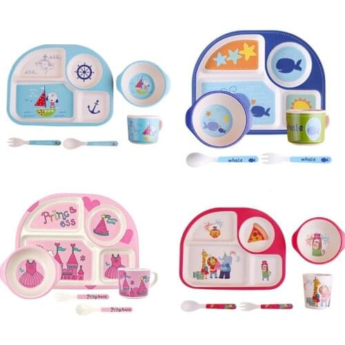 5 Piece Toddler Kids Bamboo Dinnerware Set Cartoon Animal Food Plate Feeding Dishes Bowl Spoon Fork Cup Tableware Baby
