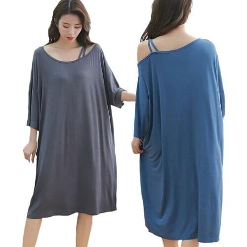 2021 Spring Summer New Loose Size Nightwear Big Fat Mm Nightdress Home Clothes Modal Nightgown Bat Sleeve Shoulder Sleepwear