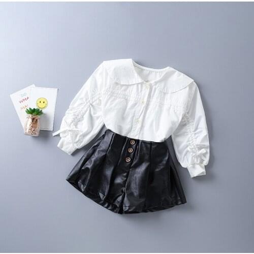 2-7 years high quality girl clothing set 2020 new autumn fashion orange white shirt + leather pant kid children clothing
