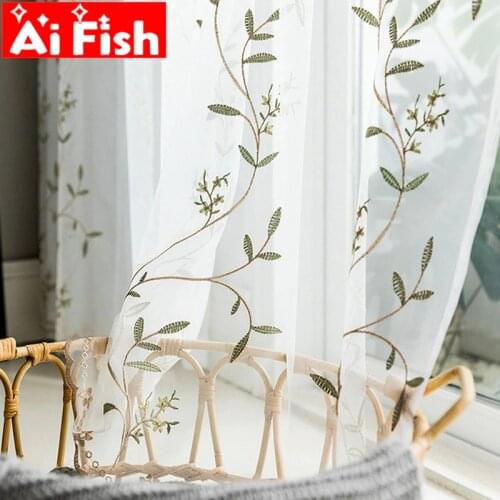 Pastoral Simplicity Small Green Leaves Embroidered Window Screens Sheer Tulle Curtains For living room bedroom curtains M199#5
