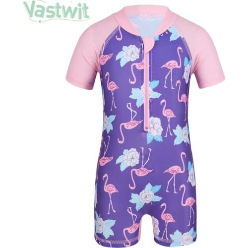 Infant Baby Girls Kids Short Sleeve Cute Flower Flamingo Printed UV UPF 50+ One-Piece Swimsuits Beachwear Bathing Suit Swimwear