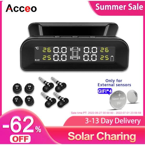 Acceo K07 TPMS Car Tire Pressure Alarm Monitor System Digital Display High Temperature Alarm 4 Tire Sensors Solar Power Charging