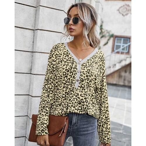 Women Long Sleeve V-Neck Button Leopard Print T-Shirt Loose Pullover Sweatshirt casual Sporty Chic Female Tops